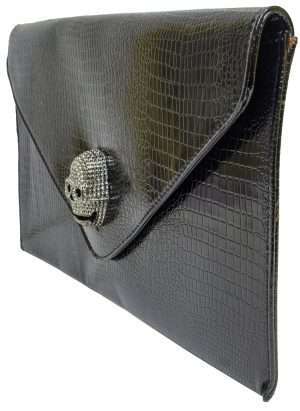 black patent skull clutch