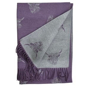 Strathurie Fashion Accessory Wholesaler Glasgow Strathurie Cashmere Blend Scarf with Highland Cow Purple/Grey