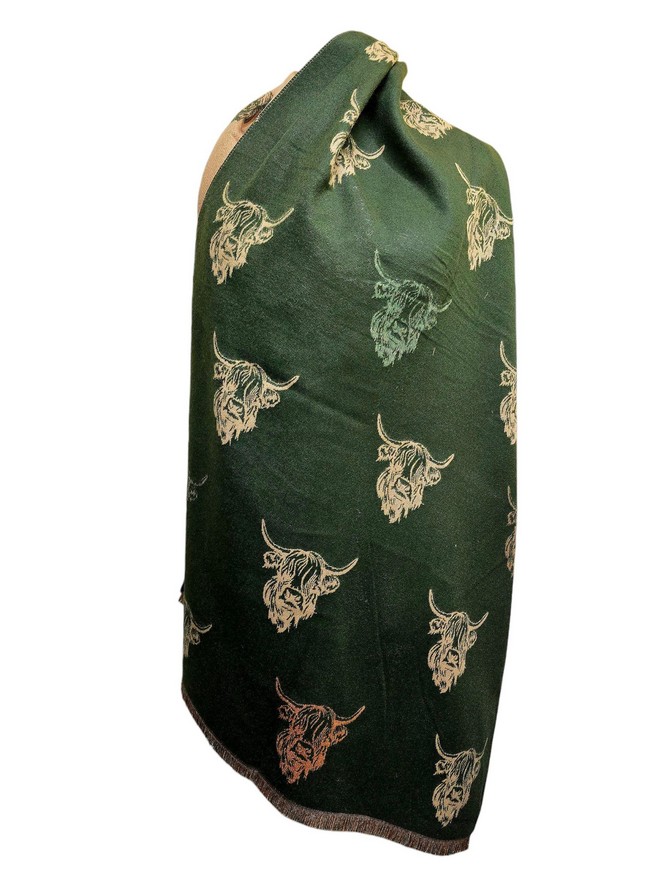 Reversible Highland Cow Cashmere Blend Scarf Fringe Trim Olive Green