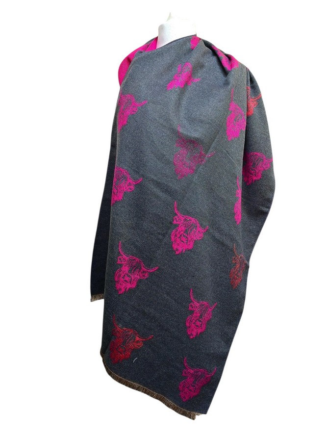Reversible Highland Cow Cashmere Blend Scarf Fringe Trim Dark Grey