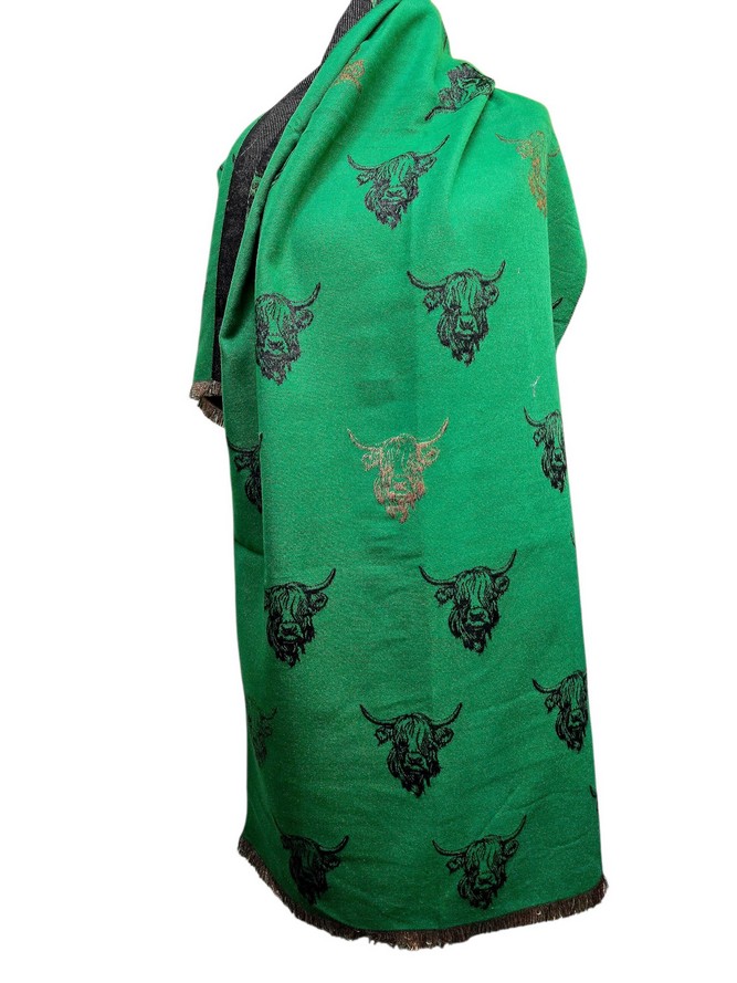 Reversible Highland Cow Cashmere Blend Scarf Fringe Trim Green
