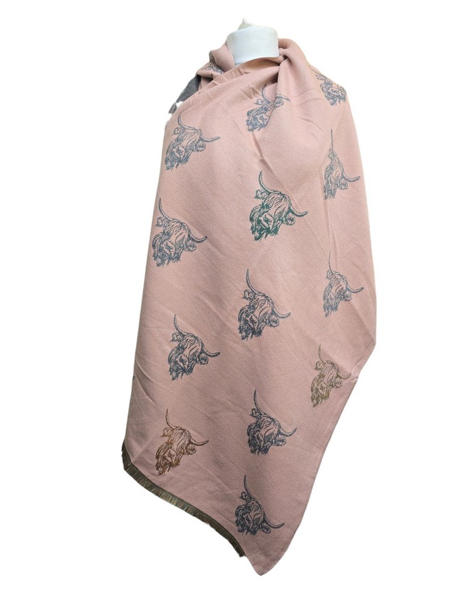 Reversible Highland Cow Cashmere Blend Scarf Fringe Trim Light Pink