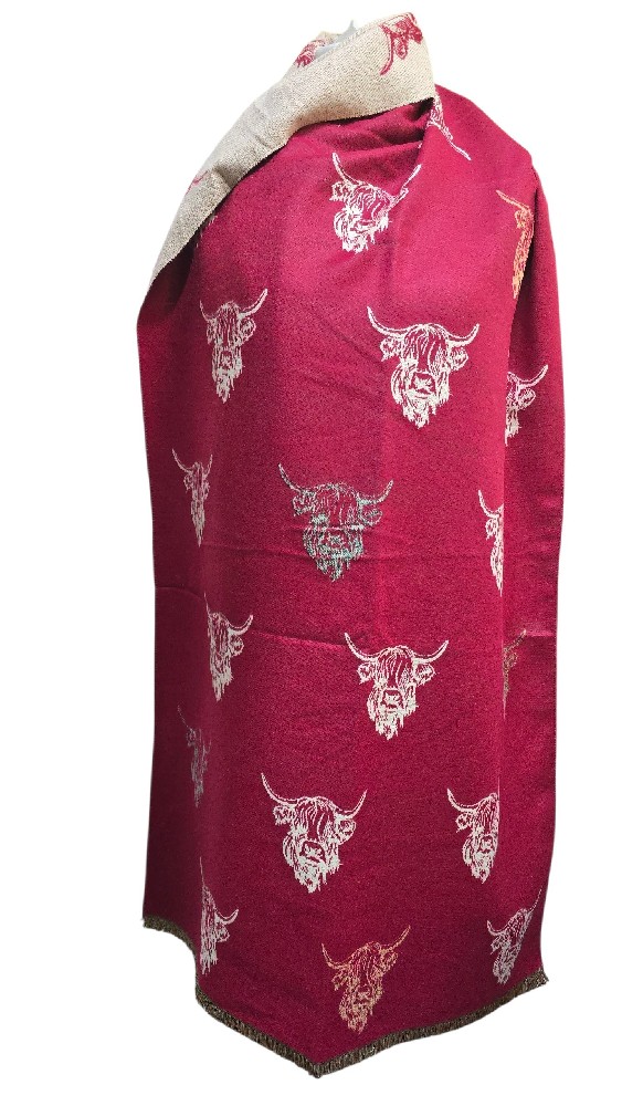 Reversible Highland Cow Cashmere Blend Scarf Fringe Trim Deep Red